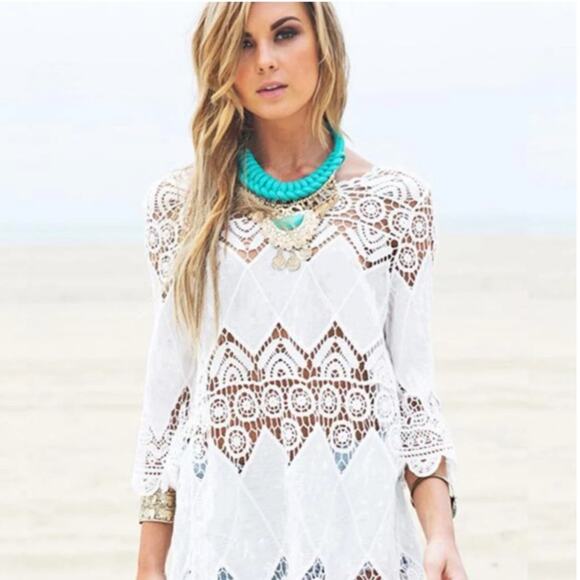 Crochet 3/4 Sleeve Tunic SzM beach pool restore spa bikini cover 100 % Cotton - Picture 1 of 8